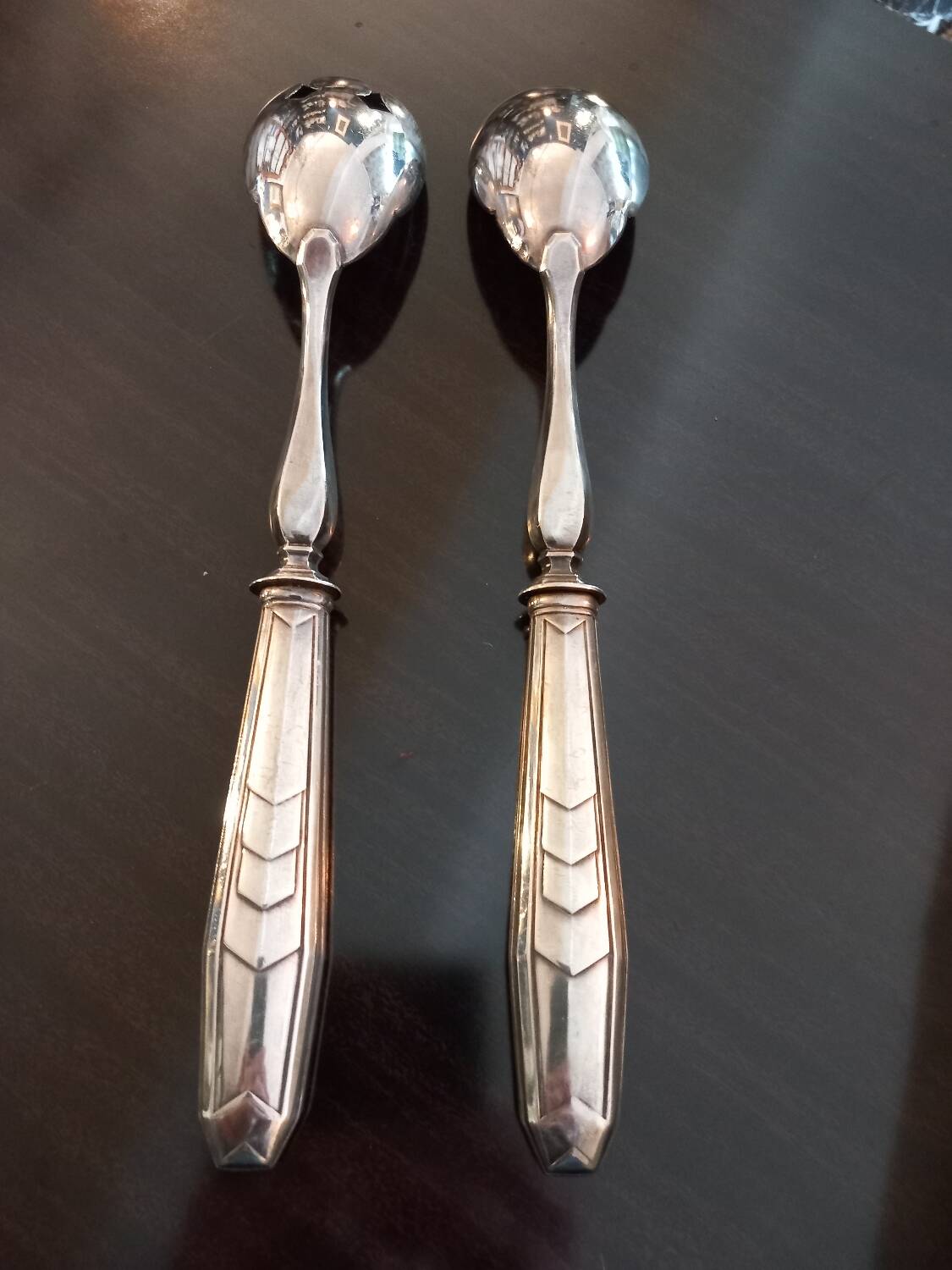 Pair of salad servers. silver plated. art deco