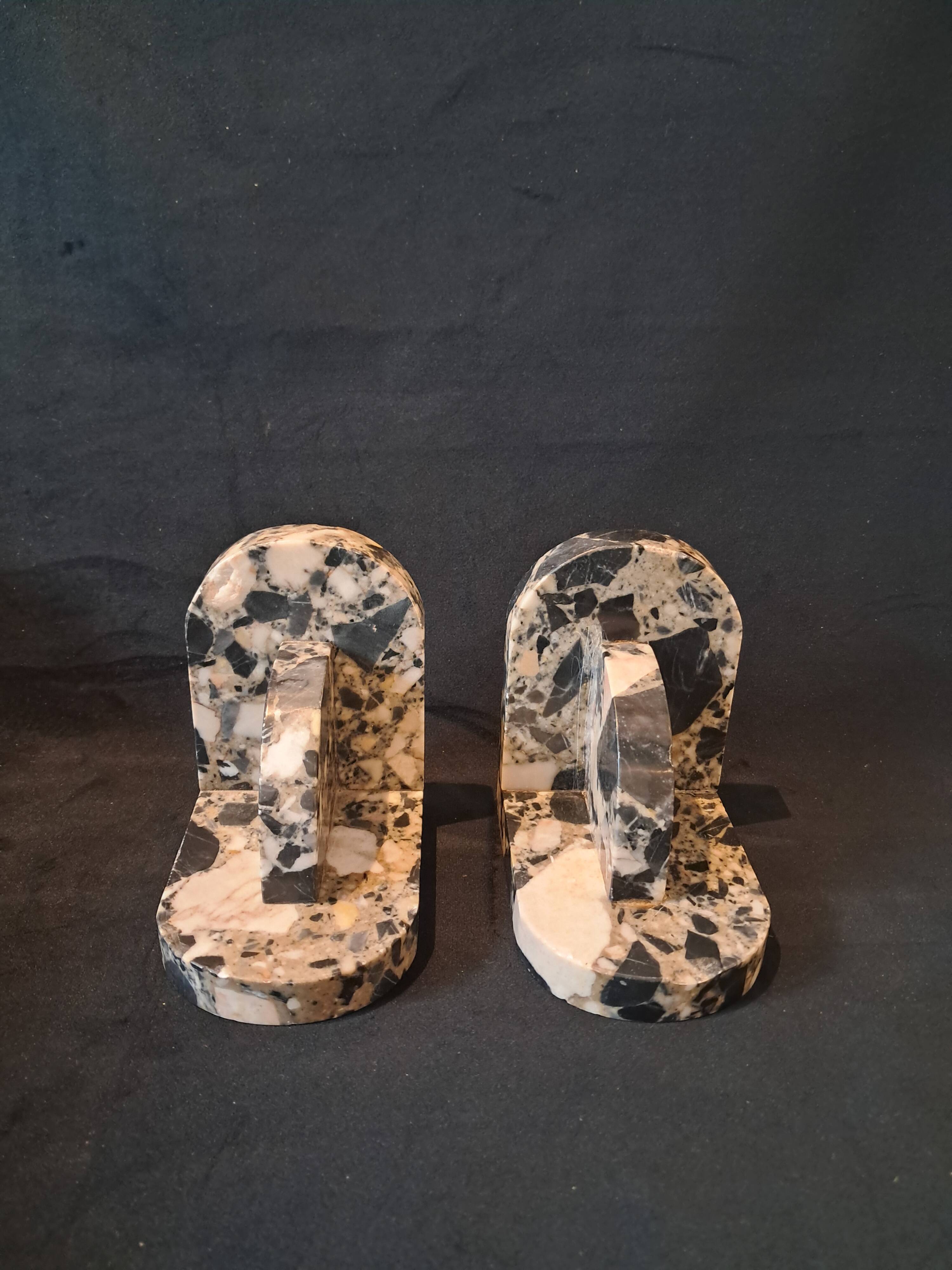 Pair of Art Deco Bookends in Black and White Breccia Marble