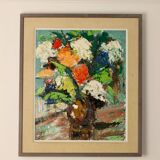 Original Large Swedish Mid-Century Oil on Canvas " Impressionistic Floral Arrangement in a Vase"
