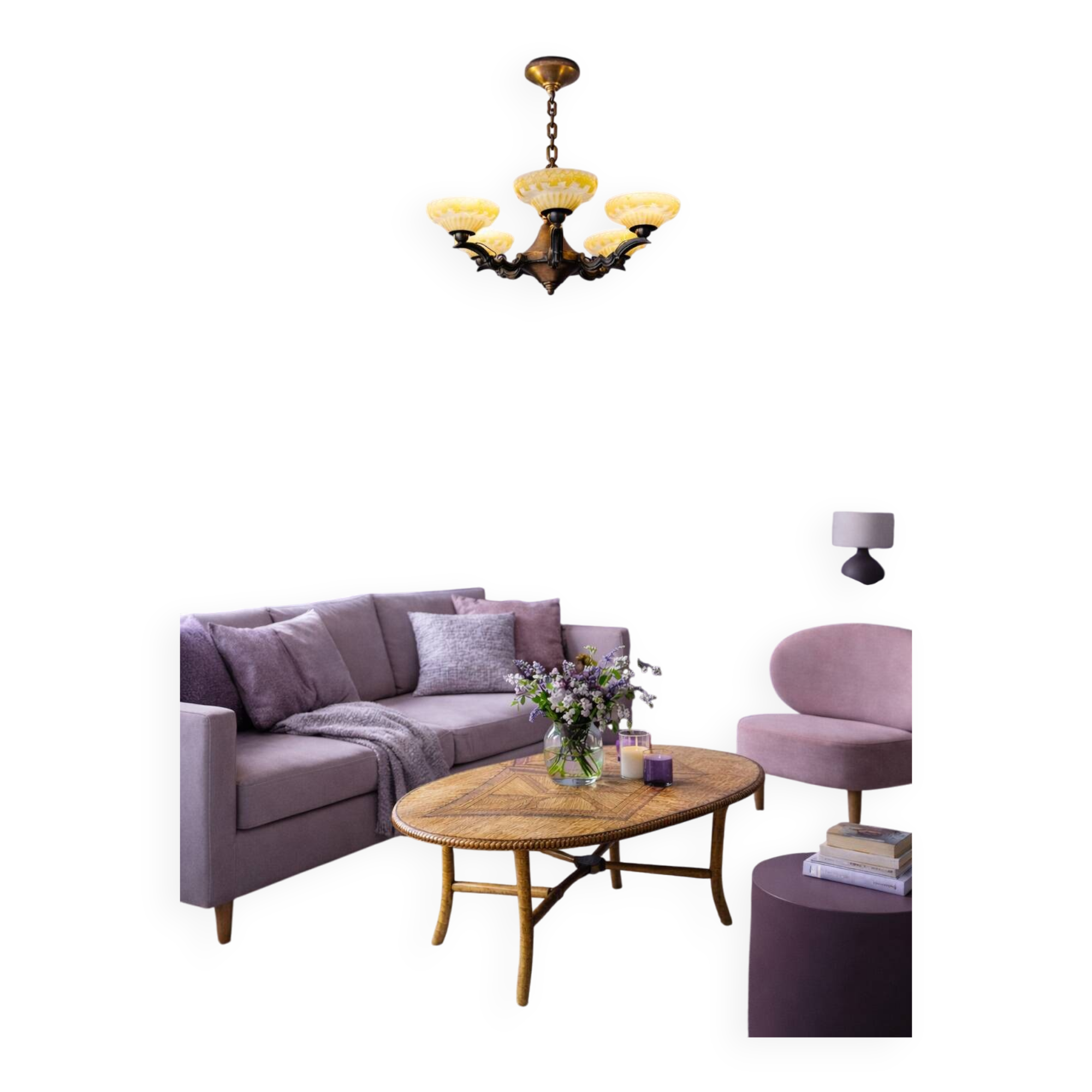 Art deco chandelier in copper with 6 glass tulips.