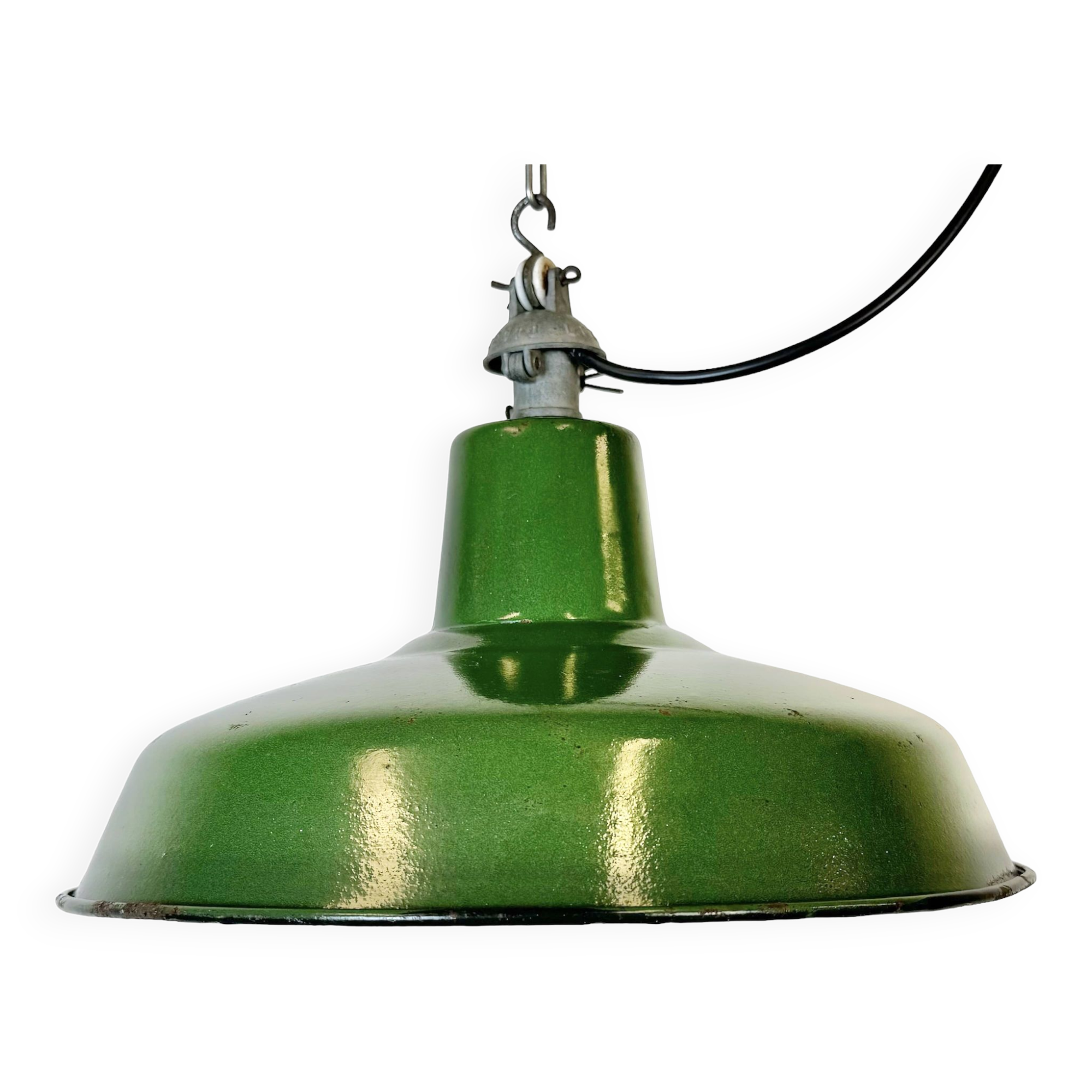 Industrial French Green Enamel Factory Lamp, 1960s