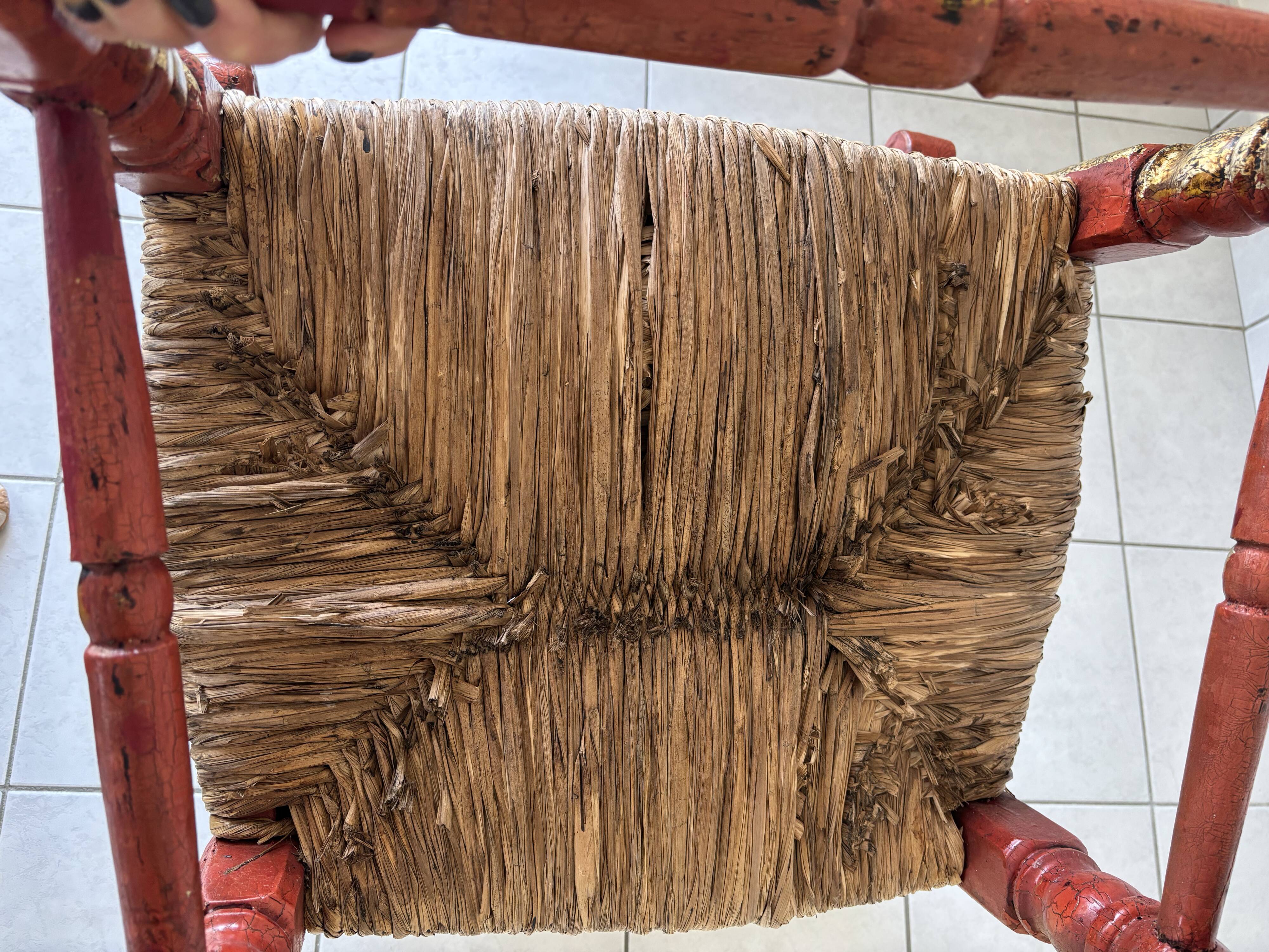 Vintage Spanish low chair in painted wood and straw (Majorca Andalusia)