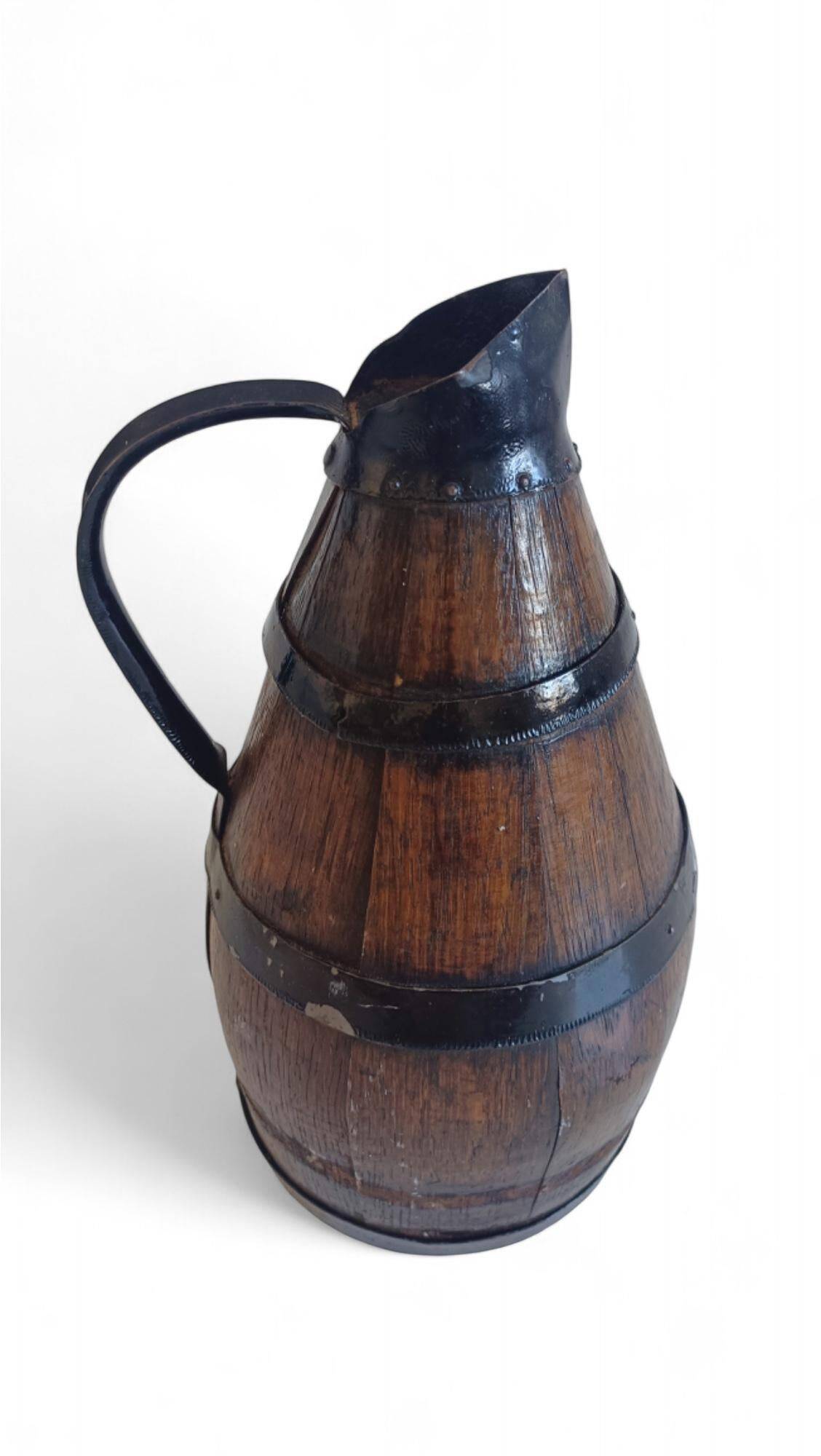 19th Century Rustic French Oak and Metal Hand-Crafted Pitcher