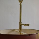 hot water bottle lamp with 2 bronze lights and burgundy sheet metal lampshade