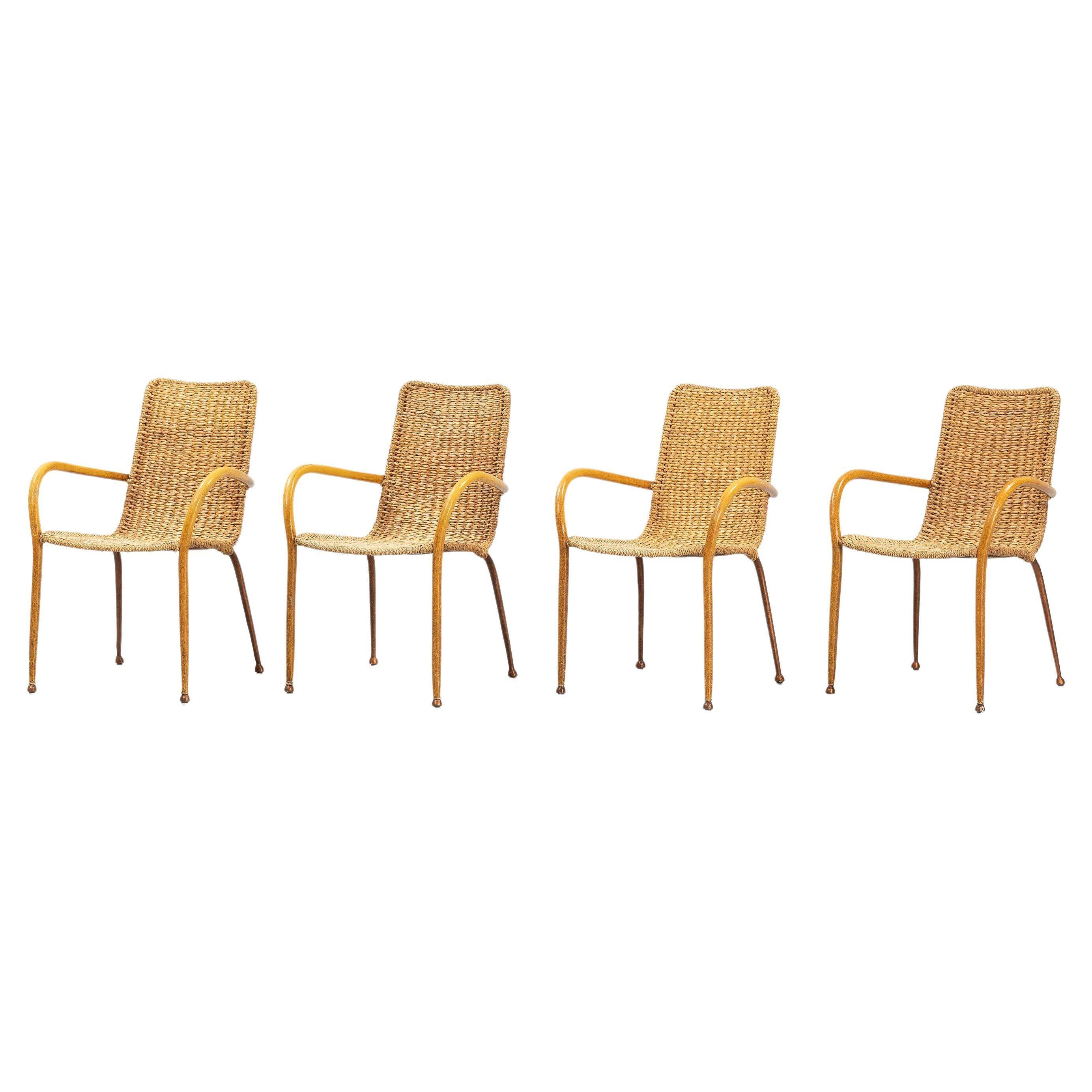 Set of 4 vintage Italian wicker and birch armchairs, mid-century modern, 1950.