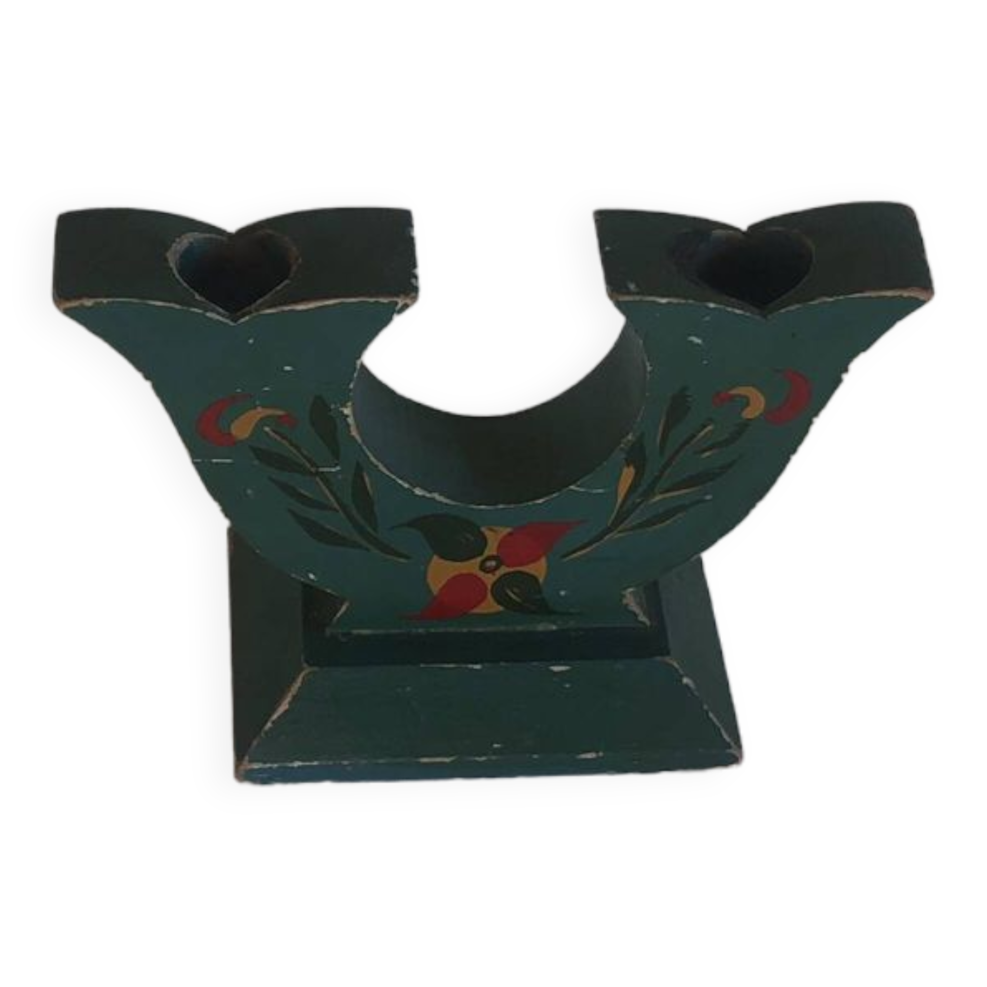 Artisanal candlestick in hand-painted solid wood, Scandinavian origin, folk art
