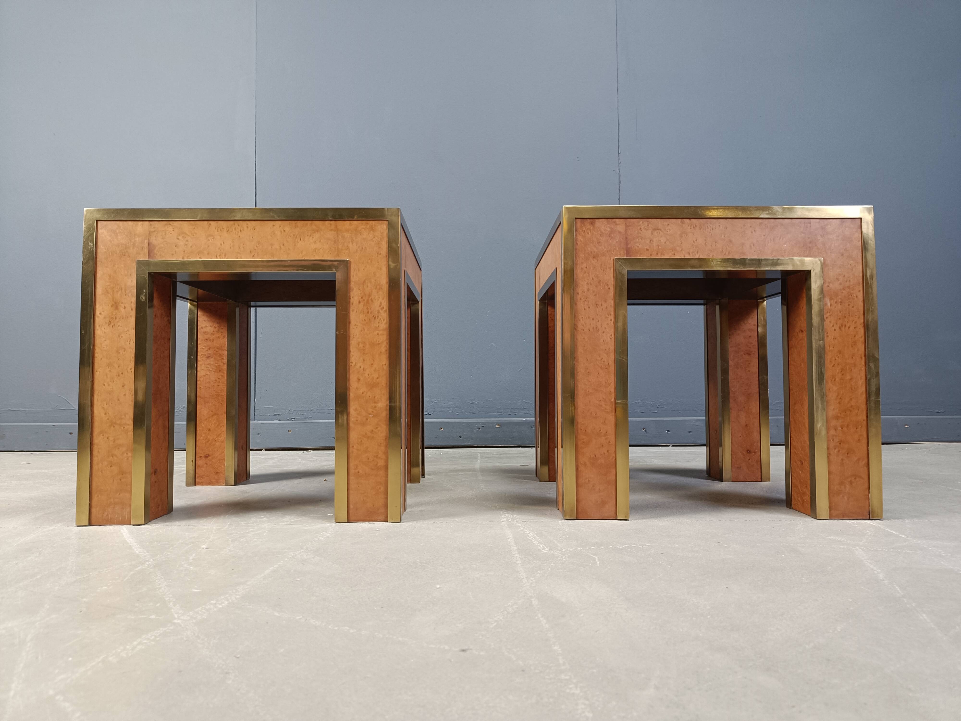 Pair of brass and burl wood side tables, 1980s