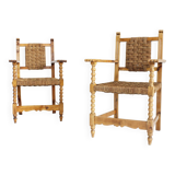 Ensemble de 2 fauteuils brutalistes espagnols en bois sculpté et tressé en jonc -