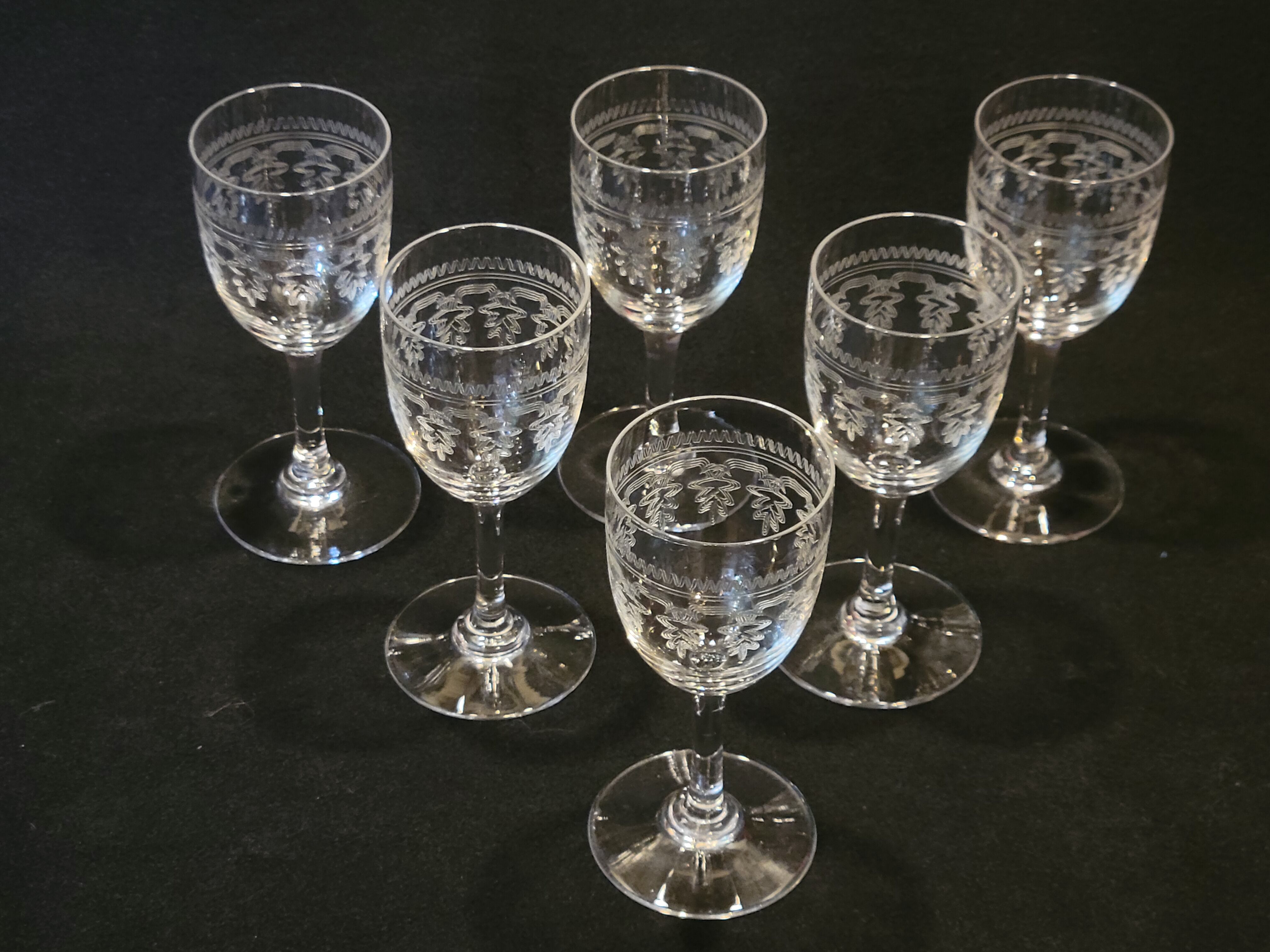 6 old glasses with engraved baccarat crystal wine stems