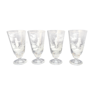 Set of 4 glasses on foot Mary Gregory 1856-1908 enamelled white