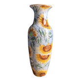 Ceramic vase with hand-painted sunflowers, baluster vase with a sky blue background.