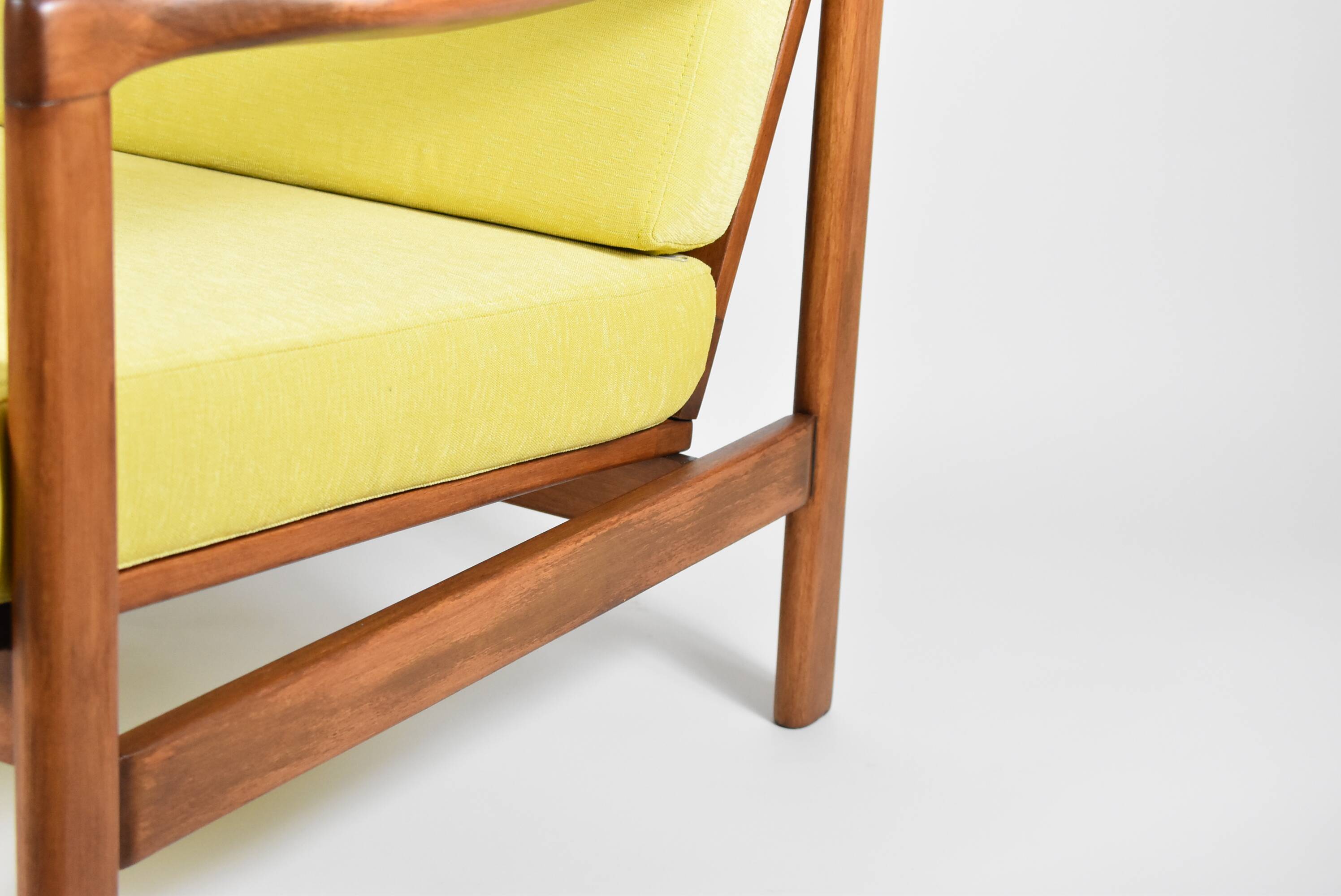 Scandinavian restored armchair, original 60s icon, yellow, teak