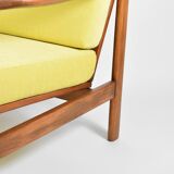 Scandinavian restored armchair, original 60s icon, yellow, teak