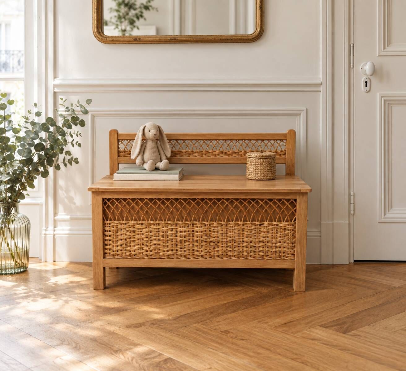 Coffre à jouets vintage en bois & rotin – une belle pièce pleine de charme
