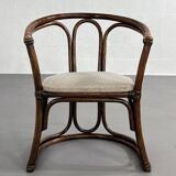 Round Oak Dining Table and Rattan Armchairs, Set of 5