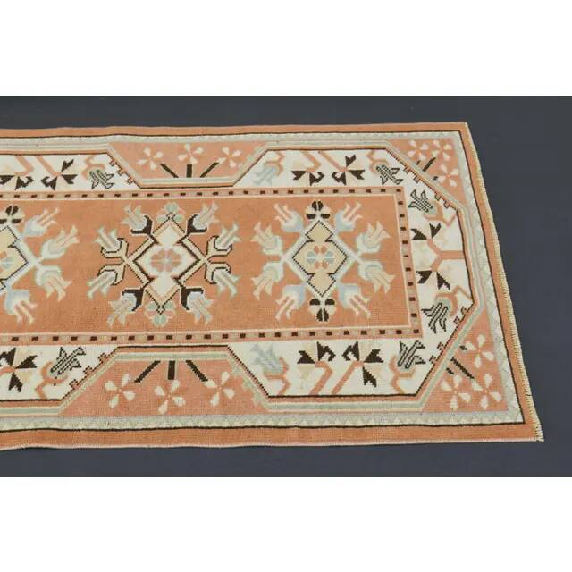 Vintage Turkish Hand-Knotted Wool Cotton Orange Runner Rug 77x276