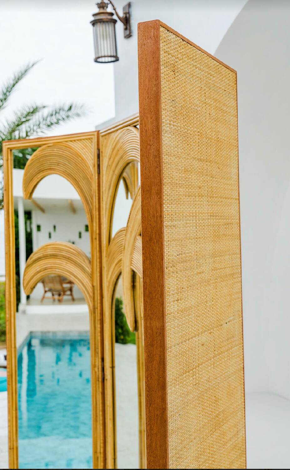 3-panel rattan and mirrored room divider