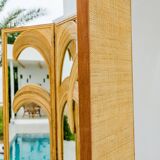 3-panel rattan and mirrored room divider