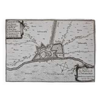 17th century copper engraving "Plan of the castle of Commines" By Pontault de Beaulieu