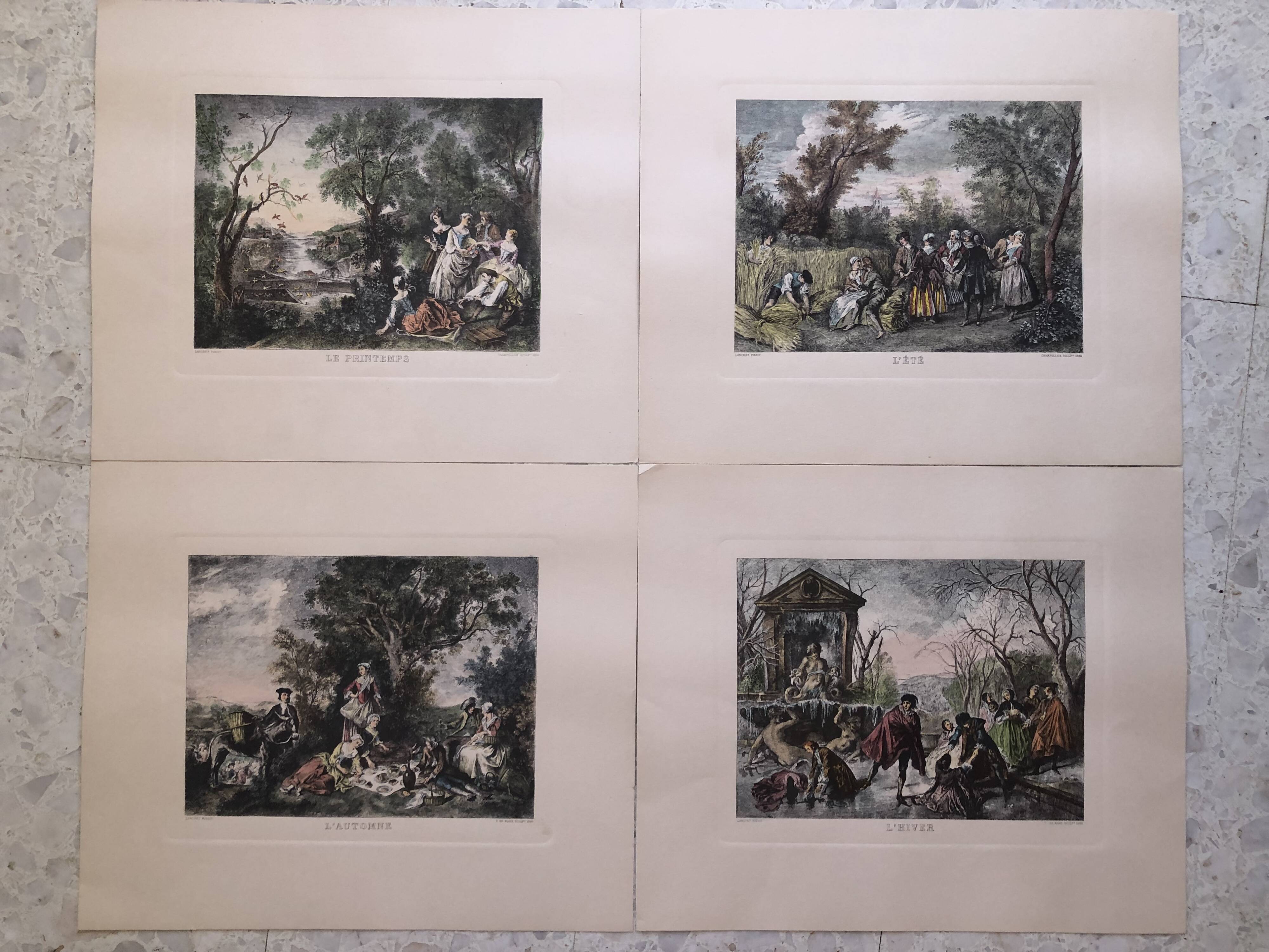Set 4 lithograph les saisons after nicolas lancret, engraver chapollion and de mare, 20th century print