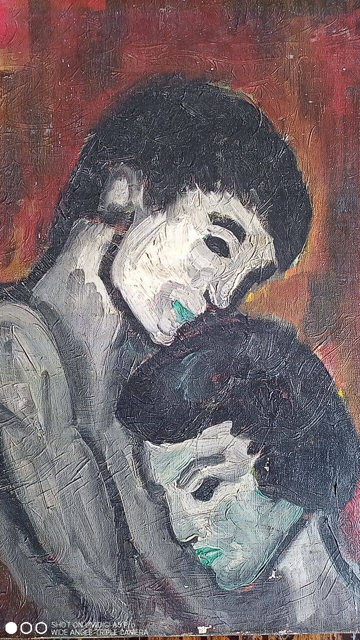 Oil on canvas - embracing couple - 55 x 38 cm
