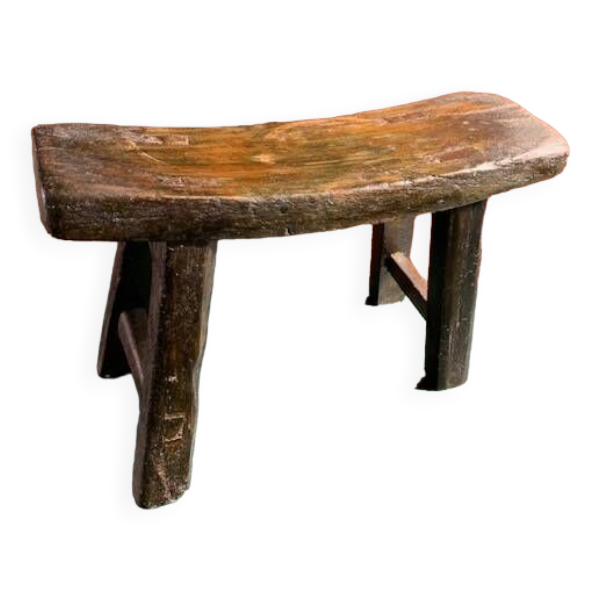 Antique milking stool in rustic curved wood, 19th century