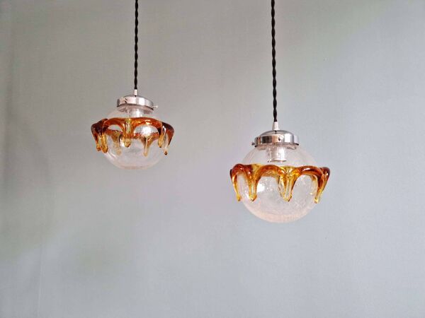 Paire de suspensions Space Age en verre de Murano soufflé bullé, 1970