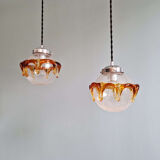 Pair of Space Age pendant lights in blown bubble Murano glass, 1970.