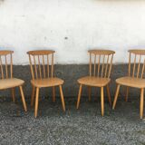 Series of 4 chairs bistro / bohemian beech - compass feet - vintage - Scandinavian 1950