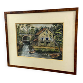 Gouache painting early 20th century Landscape at the mill and boat trip on the Marne