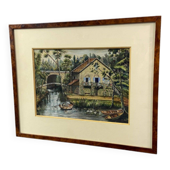 Gouache painting early 20th century Landscape at the mill and boat trip on the Marne