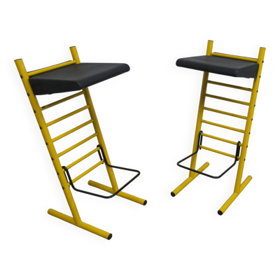 Paire de tabouret de bar italien ajustables jaune laqué et noir