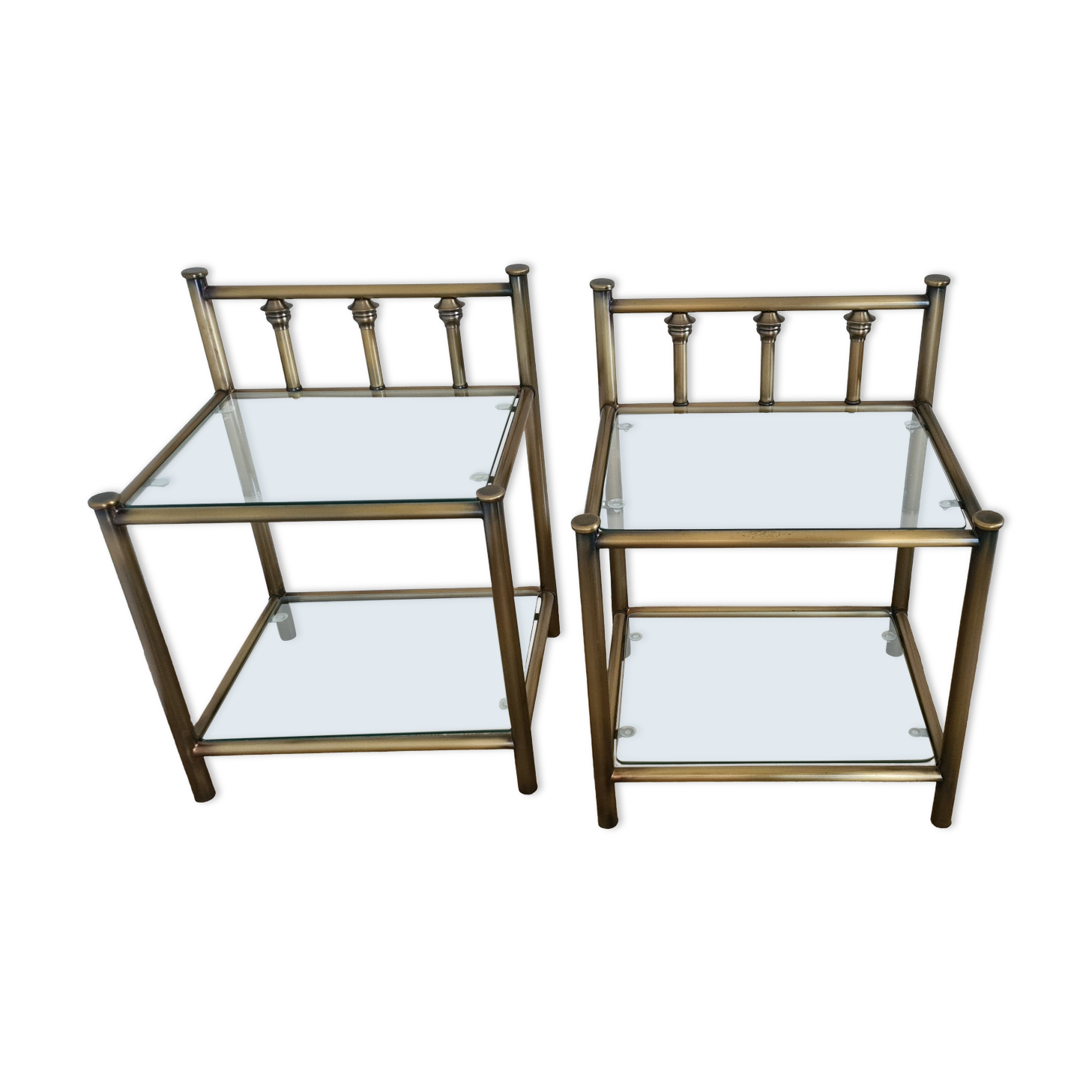 Old pair of glass and brass bedside tables, 80s