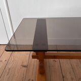 Pine coffee table with smoked glass top.