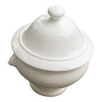 Large white earthenware soup tureen with lion head handles, vintage, stamped tradition France