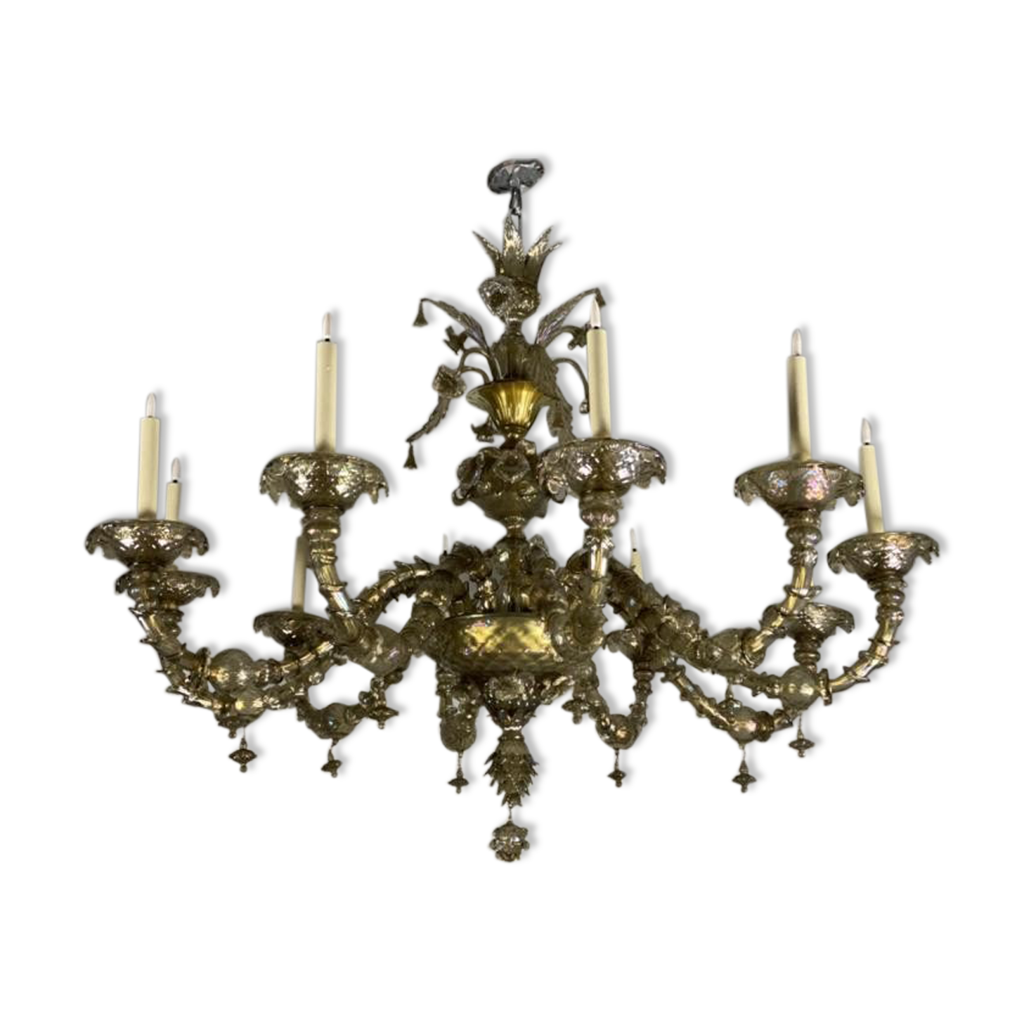 Rezzonico Venetian Lustre In Murano Glass Mordoré With Green Reflections, 10 Bras Of Light