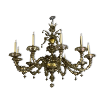 Lustre rezzonico vénitien en verre de Murano mordoré avec des reflets vert, 10 bras de lumière