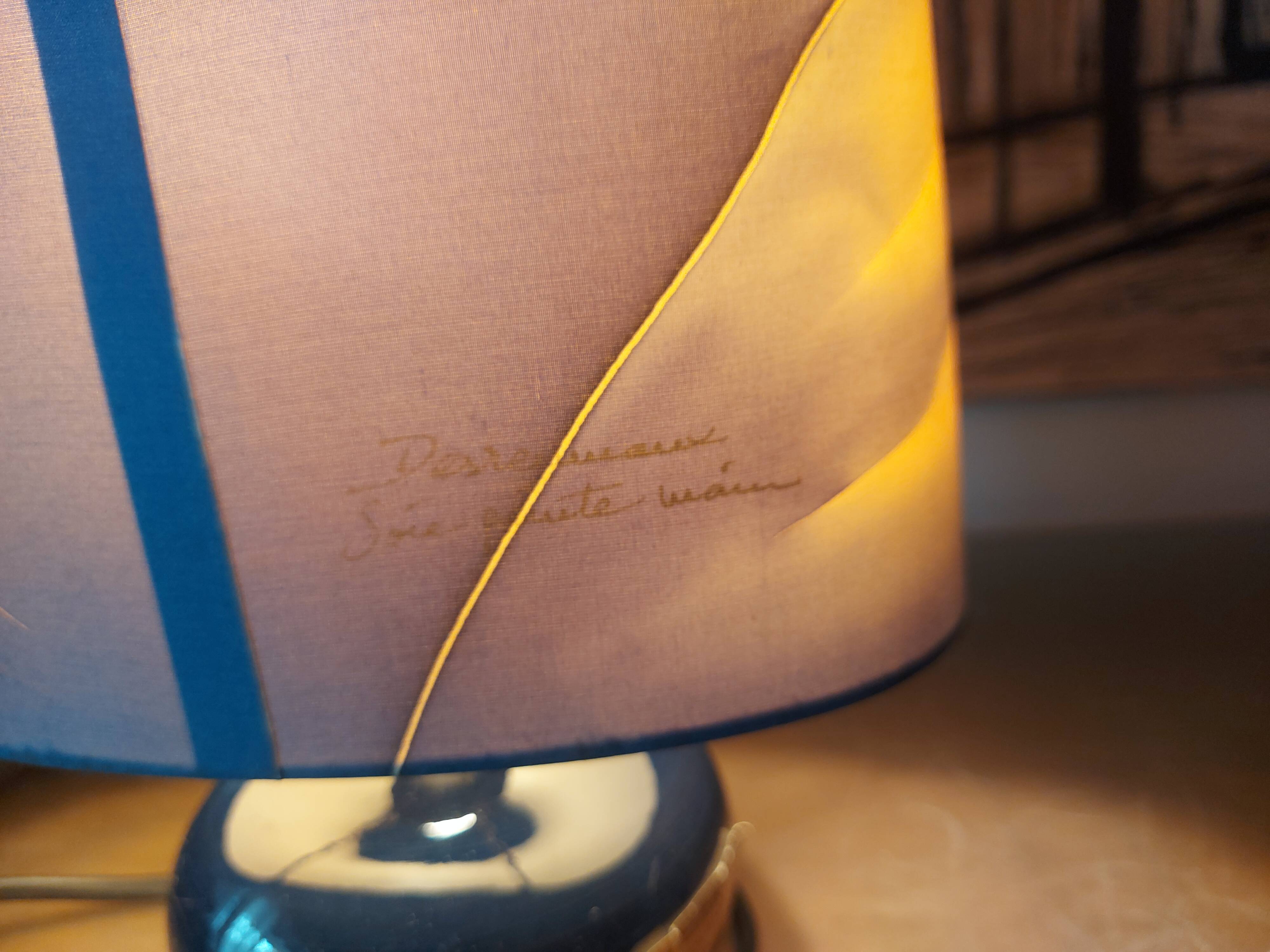 Ceramic lamp, Montclus art workshop, silk lampshade, hand painted