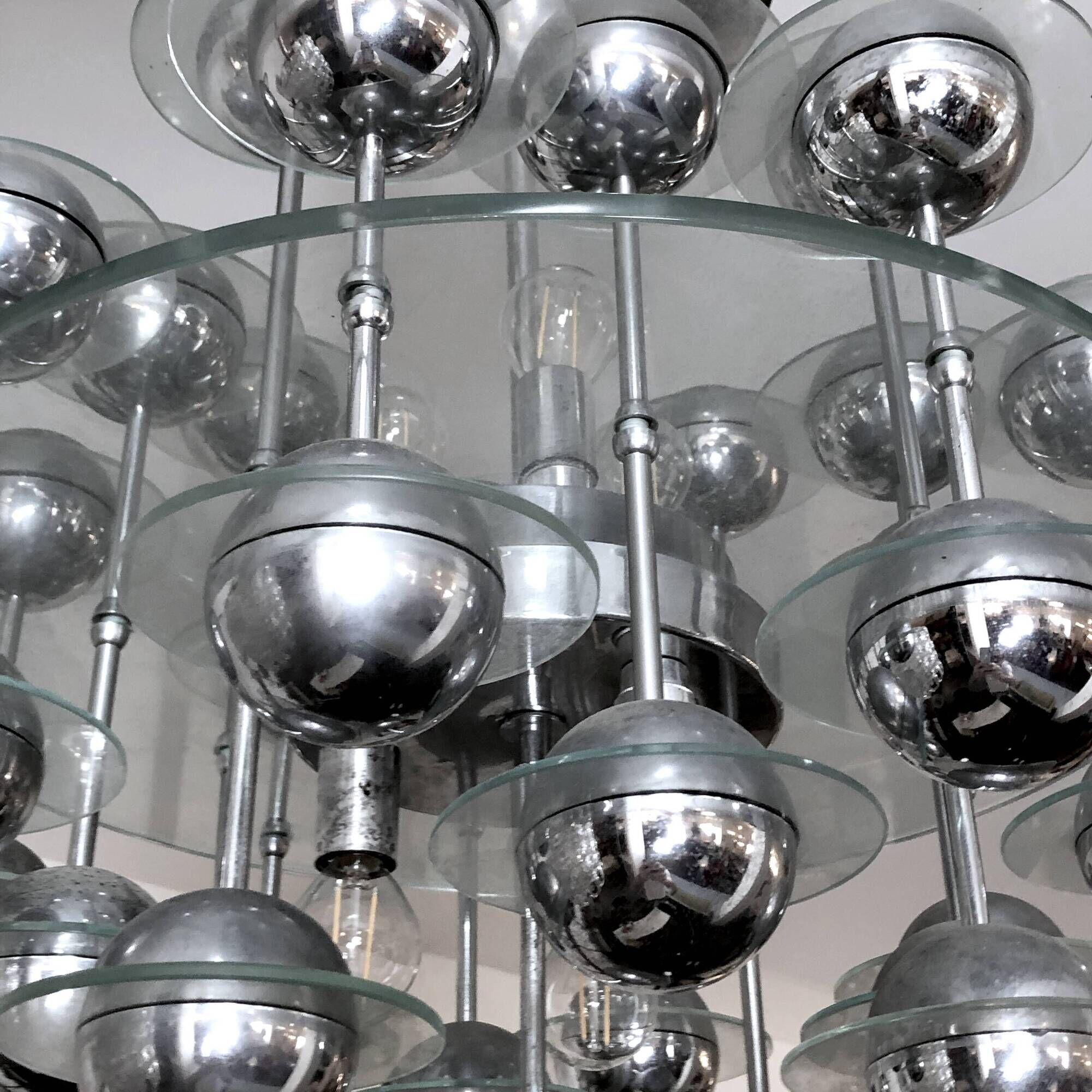 Reggiani, Vintage Italian Space Age Glass and Chrome Chandelier, 1970s