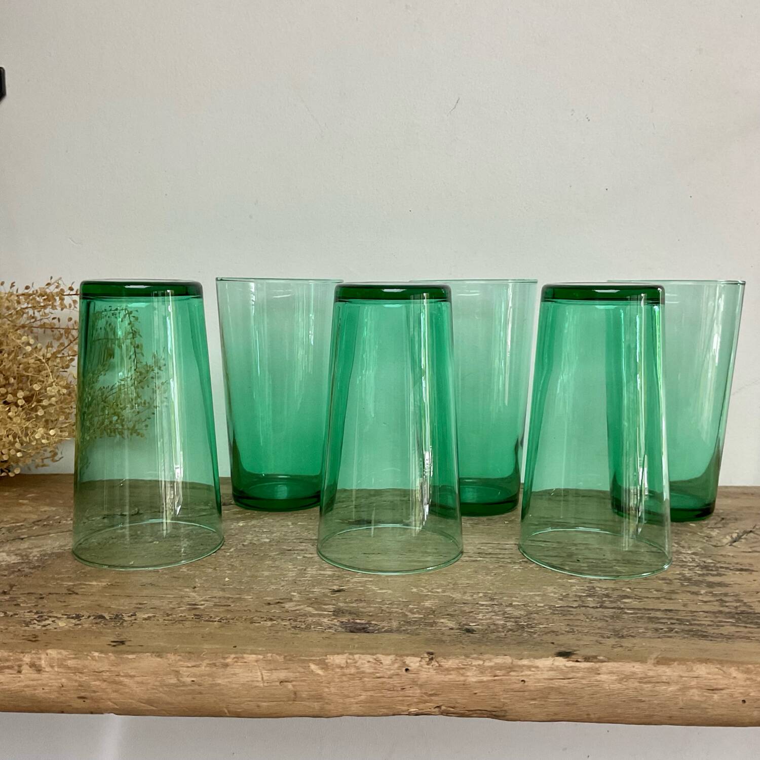 6 vintage emerald green glasses