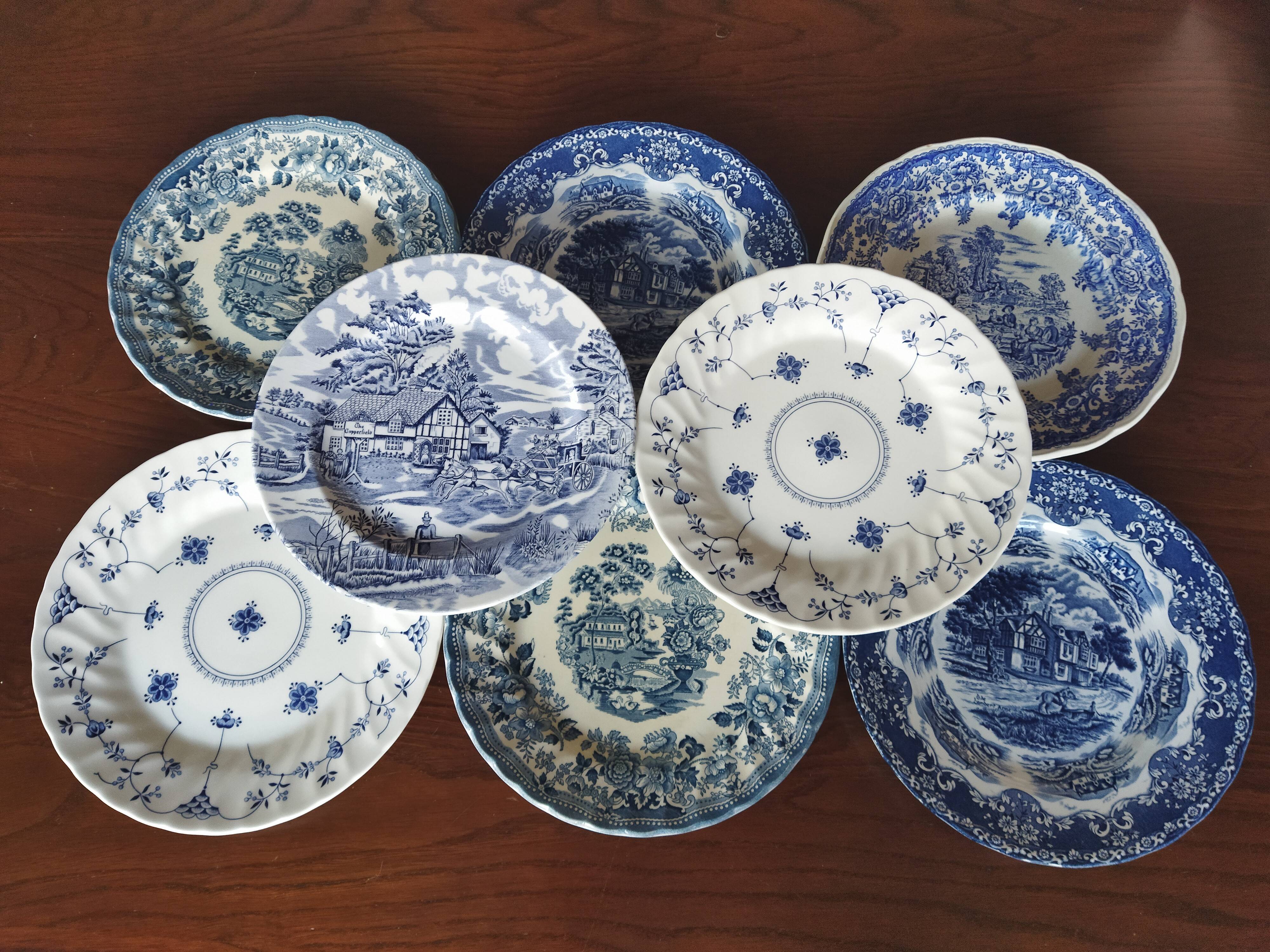 8 blue & white English dinner plates (Myott Meakin WH Grindley KG Luneville)