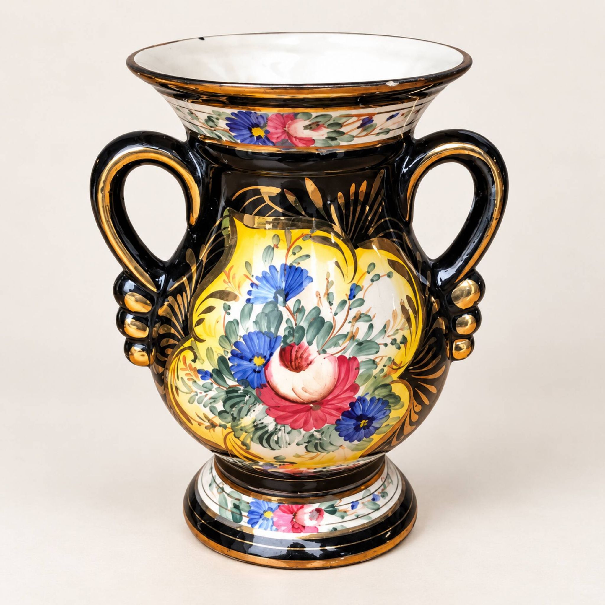 Pair of H. Bequet Quaregnon vases with floral and gold decoration – 20 cm