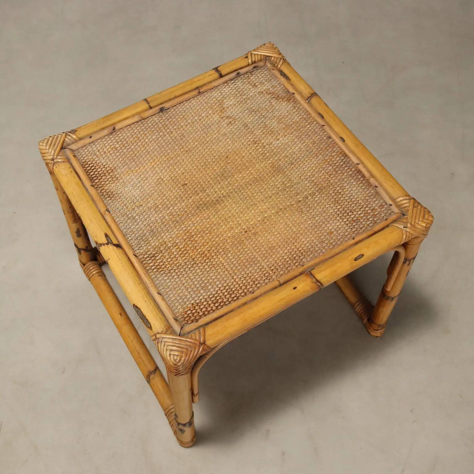 Vintage coffee tables in walnut and bamboo, Italian design 1970s-1980s.