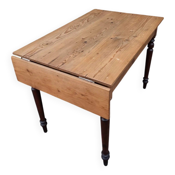 Table vintage en pin avec rallonge abattante et pieds tournés en hêtre, France, années 1930