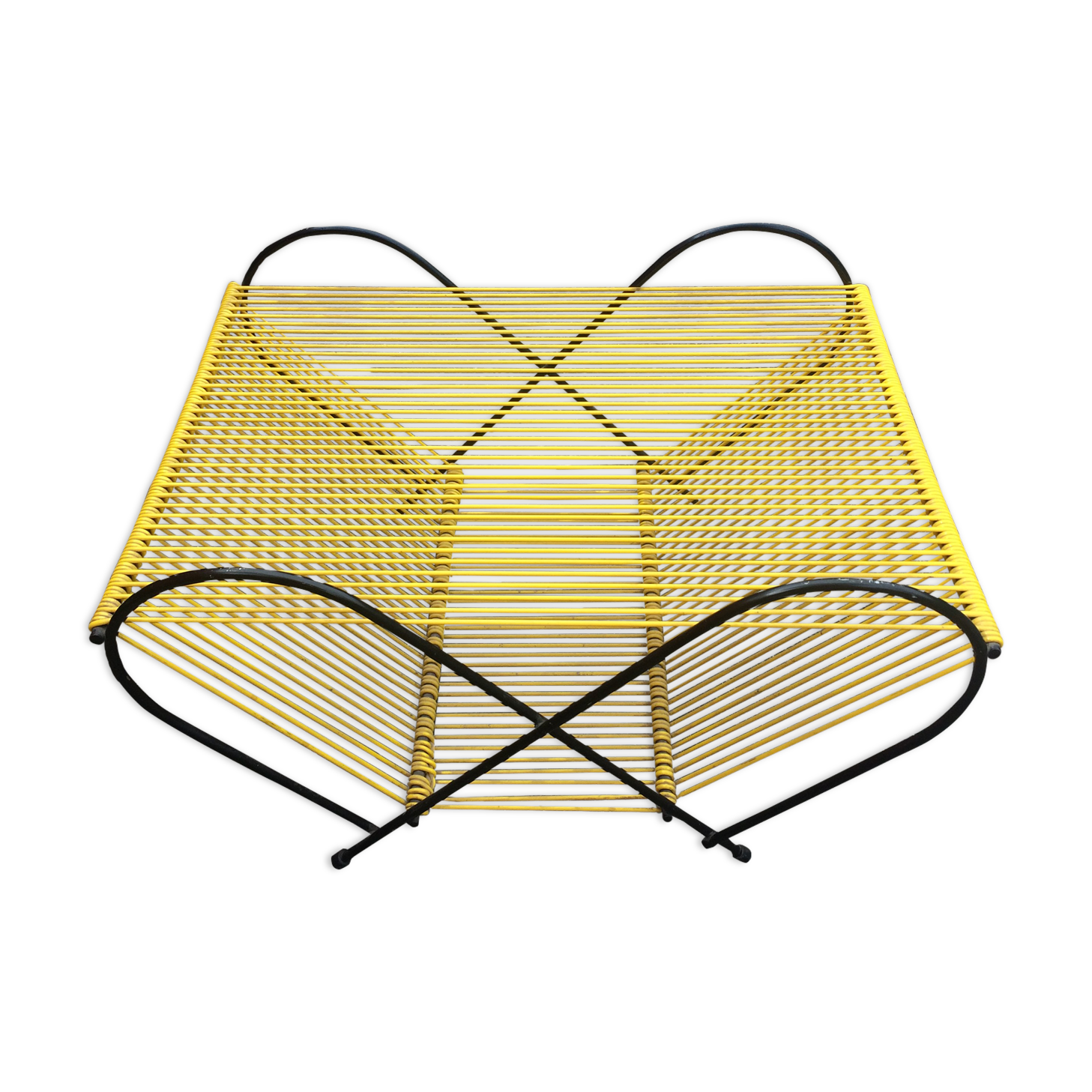 Range- disques vinyle en scoubidou jaune et fer forgé noir années 60