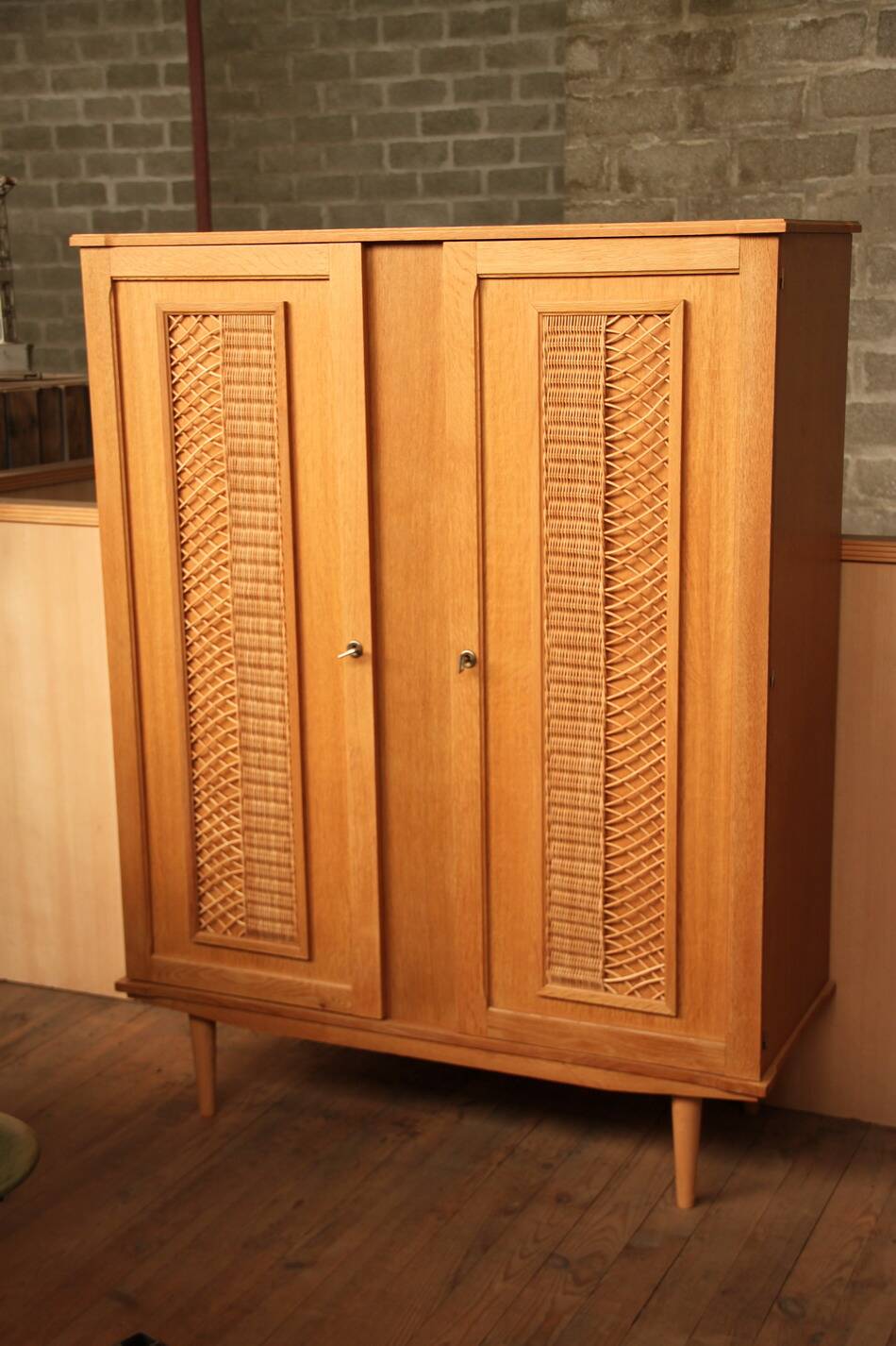 Vintage 70s rattan, wicker, and oak wardrobe