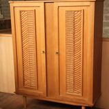 Vintage 70s rattan, wicker, and oak wardrobe