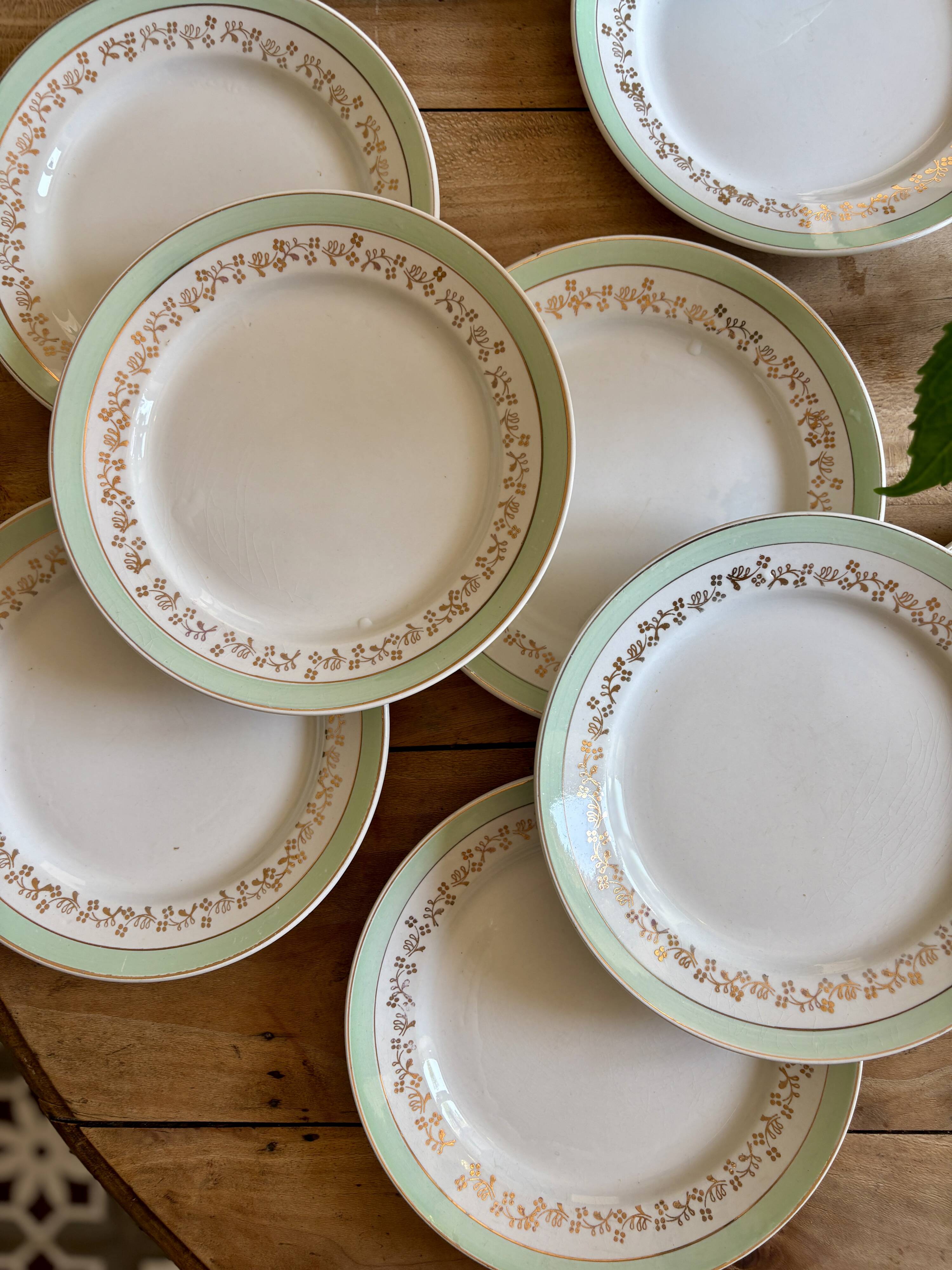 Set of 12 white, mint and gold flat plates, Mosèle de Lunéville