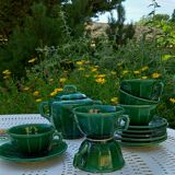 Iridescent green tea or coffee service in Lunéville K&G earthenware. 6 cups and an Art Deco sugar bowl