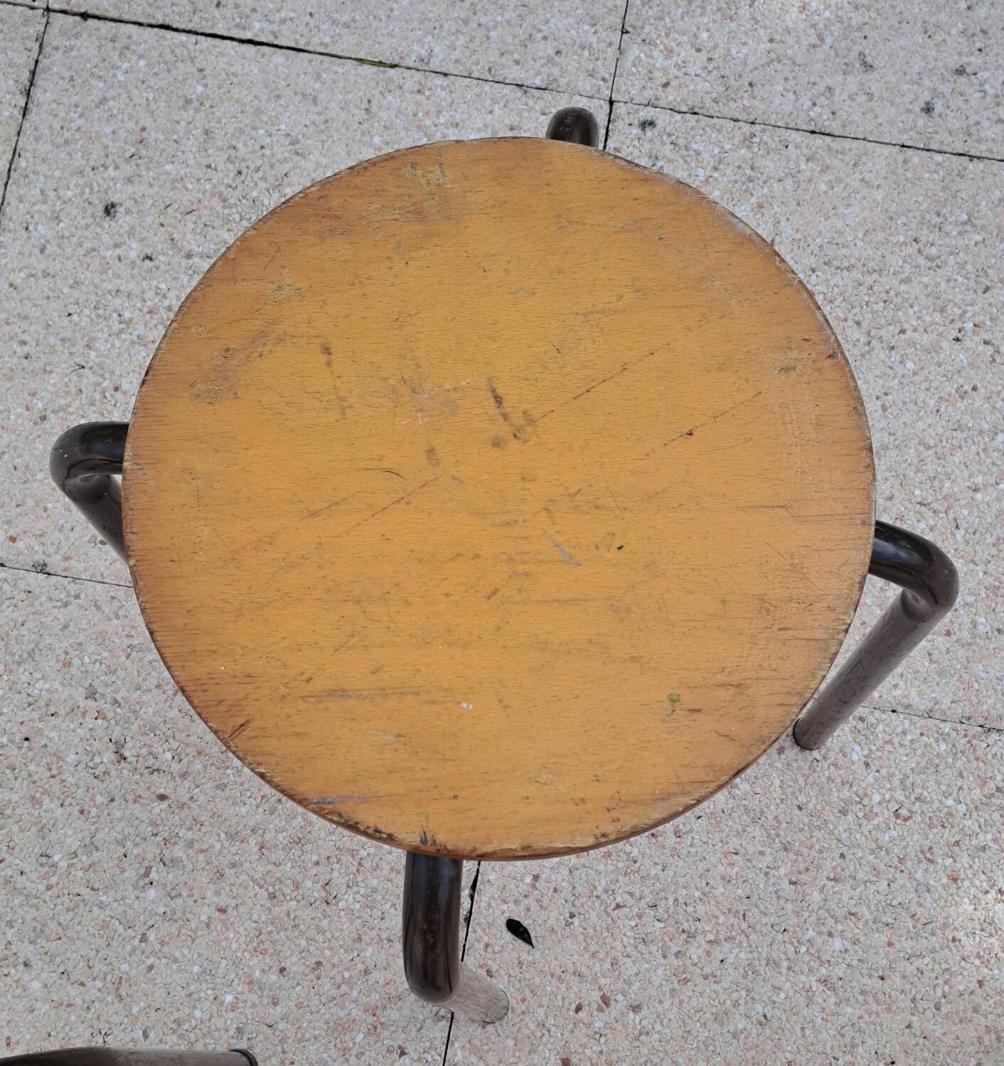 3 wooden and tube school stools